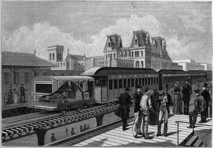 Overview of the Elevated Railroad station and electric train in New York, USA. Engraving in “” La Nature. Revue des sciences et de ses applications aux arts et a l'industrie”, 1886.