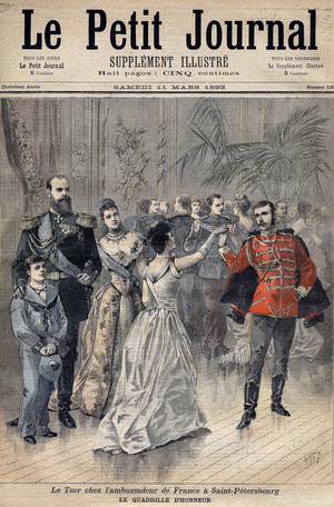 Tsar Alexander III at the Ambassador of France The Count of Montebello in St. Petersburg in 1893. Honor's grid. Cover of Le Petit Journal 1893 (engraving)