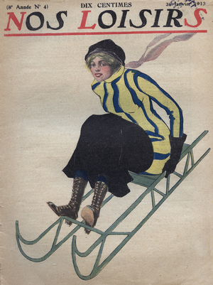 sport d'hiver - Woman on a sledge - Winter sports -woman on a sled - front page of "Our Leisure" 1913