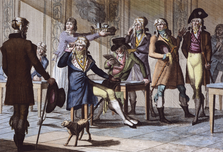 Cafe des Incredible: “” My word of honor they joke””, anonymous engraving, 1797. Paris (French fashion trend of the Directoire characterised by its dissipation and extravagances, in reaction to the dark sadness of Terror)