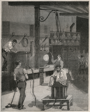Pottery, Manufacture de Sevres: Vacuum and compressed air casting workshop. Engraving from 1885 in “” Les arts et metiers illustres”” by Adolphe BITARD.
