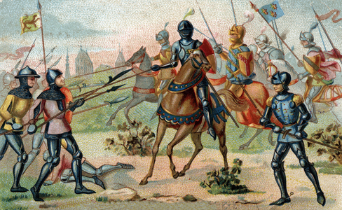 BATTLE OF ROSEBECQUE on 27 NOVEMBER 1382 (Rozebeke, Belgium). Chromolithography of the late 19th century.