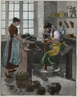 Pottery: pottery executing a vase on the tower. France, 19th century. Engraving from 1885 in “” Les arts et metiers illustres”” by Adolphe BITARD.