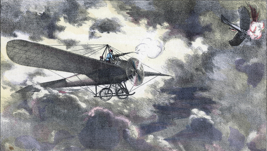 Duel in the air: The airmen of the French army Frantz and Quenault machine-gun a German plane in the region of Reims, October 1914.