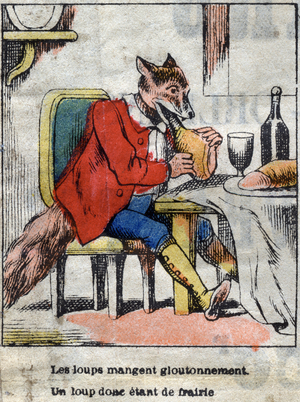 The wolf and the stork. Fables by Jean de La Fontaine (1621-95). Late 19th century (print)