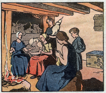 History of France in the Middle Ages: Serfs. Women busy spinning wool or linen, 1923 (print)