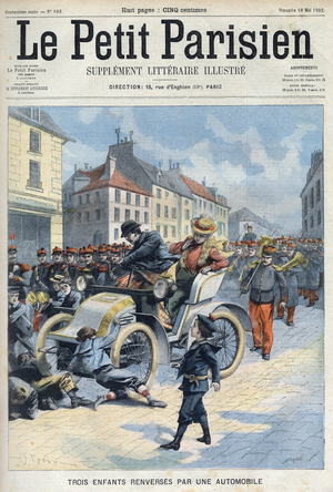 Three children overturned by a car, Boulevard de l'Hopital in Paris while an infantry regiment was running with young children, in " Le petit Parisien", 1902 (print)
