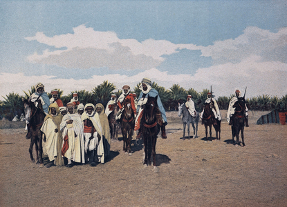 Arab prisoners: A convoy of Arab prisoners is taken in front of the Agha under the escort of dairos commanded by a spahi- in “Military Album”” - Spahis, 1892.