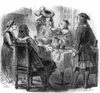 Russian tsar Peter the Great (1672-1725), heberge in France with the Kalf family, observes the discussion between his host and a drunken, the Marquis de Bernardini. Engraving by Gustave Janet, 1854.