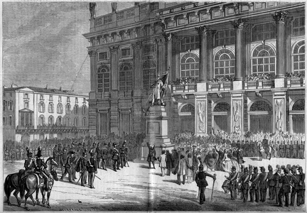 Inauguration of the Sardinian monument by Vincenzo Vela (1820-1891), at the Chateau Square in Turin (Italy) on 10 April 1859. Behind the statue is the “Palazzo Madama”. Based on Mr. Ferry's sketches. Engraving in “” Le Monde Illustré”” n°106 of 23 April 1859.