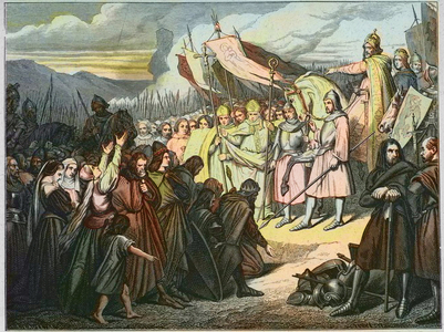 Charlemagne accepts Wittekind's surrender in Paderborn in 785 (engraving)
