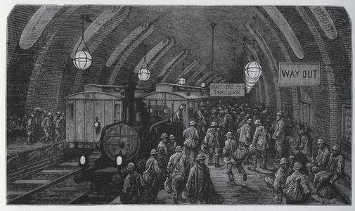 The workmen's train - (Metro) from 'London, a Pilgrimage', written by William Blanchard Jerrold (1826-94) - illustrations by Gustave Dore - 1872 -