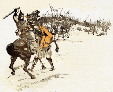 One never takes the chess king answer of Louis VI the Gros (1081-1137), king of the Franks, by killing the English soldier who had grabbed the bridle of his horse saying “” The king is caught! “” at the Battle of Brenneville in Normandy on April 20, 1119. Illustration of Job (Jacques Marie Gaston Onfray and Breville) (Jacques-Marie) (1858-1931) for the book “Les grands mots historiques du pays de France”” 1915. Privee Collection.
