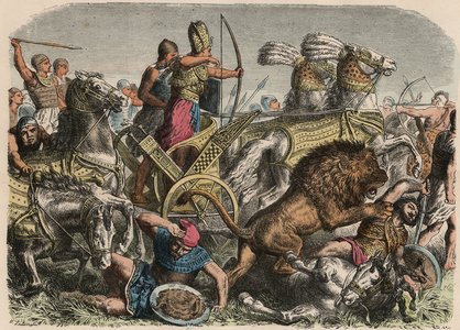 Ancient Egypt: Pharaoh Ramses II fighting against the war lions of the Hittite army in Qadesh, 1274 BC, 1866 (coloured engraving)