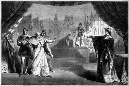 Theatrical representation: Act II scene seven of “The Daughter of the Franc Judge” by Adolphe Carcassonne (1826-1891). Theatre de Marseille, 1860. Engraving in “” Le Monde Illustré”” n°188 of 17 November 1860.
