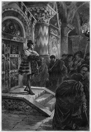 Theatrical representation: “” Hernani”” by Victor Hugo (1802-1885), act IV scene 4. Paris, Comedie Francaise, 1877. Engraving in “” Le Monde Illustré”” n°1077 of 1 December 1877.