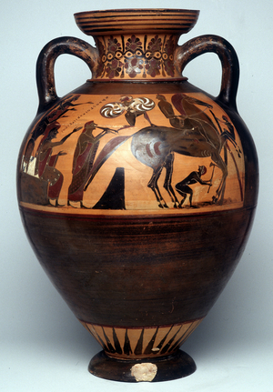 Painting on vase: Representation of an athlete on horseback and the public on the stands supporting the participants, 550 BC