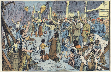 Spanish Civil War: the population of the Alcazar of Toledo welcoming General Franco's troops after several days of siege - "Le Pelerin" October 18, 1936