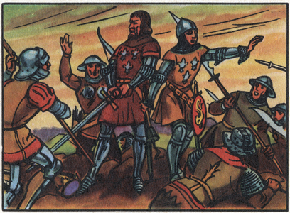 Hundred Years' War: “” the King of France John II the Good (1319-1364) was taken prisoner by the English at the Battle of Poitiers on 19/09/1356”. Anonymous illustration in “” Collection des souverains et chefs d'état de la France””. 20th century. Private collection.