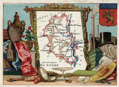 Le Rhone (69), Rhone Alpes (Rhone-Alpes), France. Local speciality: silk, brown, lace. Series on the French Departments. Chromolithography (Chromo) “” the geographic thread””, circa 1920. Private collection.