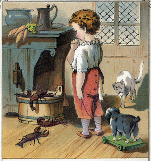 Adolphe pushes by curiosite, takes advantage of being alone in the kitchen to approach the bucket containing crayfish, 1885 (engraving)