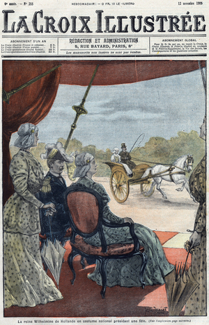 Queen Wilhelmine of Holland in national costume pretending a feast in November 1905. Cover of "The Illustrous Cross" from 1905.