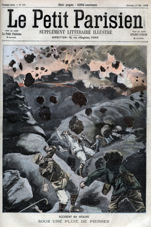 Four English tourists under a rain of stones during an eruption of the Vesuve in Naples in 1900.- in "Le Petit Parisien", 1900.