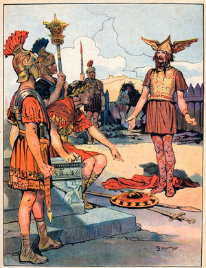 The submission of Vercingetorix to Caesar: Vercingetorix (72-46 BC), leader of the Gallic rebellion, throws down his arms at the feet of Caesar (100-44 BC) after having lost definitively the city of Alesia - Vercingetorix se rend a Cesar”: Vercingetorix (72-46 BC), leader of the rebellion Gallic, lay down arms at the feet of Cesar (100-44 BC), after having definitively lost the city of Alesia - Illustration by Georges Conrad (1874-1936) taken from “Nos-Gloires-Nationales”” around 1920