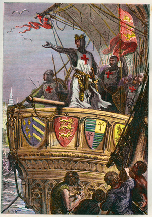 Tres Sainte Terre, je commend you to the care of the Almighty - Third Crusade: Richard I Heart of Lion (1157-1199) en Crusade pour la terre Sainte, 1192 - Richard Lionheart landing at Jaffa in 1191 during the Third Crusade - engraving from “” L'histoire de France racontee à mes grandenfants”” - by Francois Guizot - 1872-1872-1872-1876