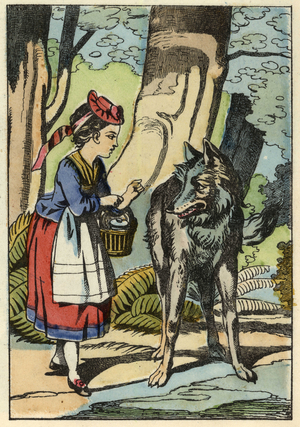 Little Red Riding Hood meets the wolf in the forest. Illustration of the tale “The Little Red Riding Hood” by Charles Perrault, 1697. In “” Tales from the home for the little ones””. Anonymous engraving of the 19th century.