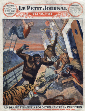 Drama about the French liner "Saint Etienne": gorillas, tiger, lion and snake destined for English zoological gardens escaped from their cage and attacked the crew members, 1927 (print)