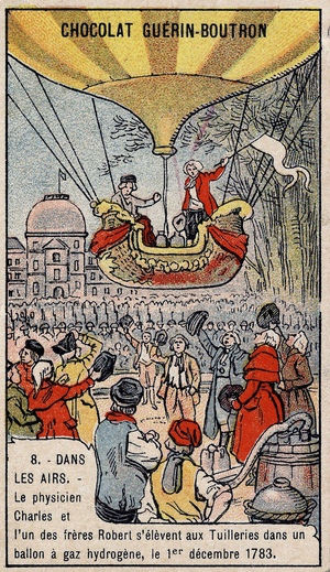 Ascension in a hydrogen gas balloon of French aeronautics Charles and Robert le Jeune, made in Paris, in the Tuileries Garden. December 1, 1783. Chromo of the late 19th century.
