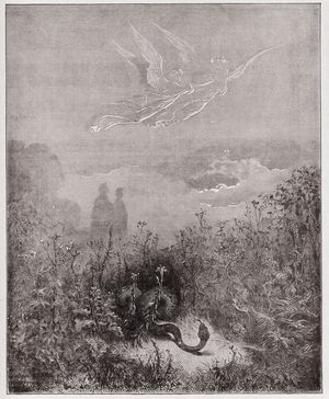 The Divine Comedy, Purgatorio, Canto 8: The Angels Drive the Serpent Away by Gustave Dore, 1885 (engraving)