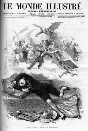 Cartoon of a young schoolboy reproving from the end of the holidays approaching class rental in 1888.
