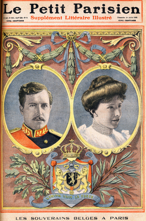 Portrait of Belgian sovereigns: King Albert I and Elisabeth von Wittelsbach also known as Elisabeth de Baviere. "Le petit parisien" on 24/07/1910.