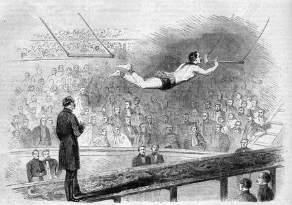 Flying trapeze number by French acrobat Jules Leotard (1839-1870) at Cirque de Napoleon (today, Cirque d'Hiver), Paris, 1859. Engraving in “” Le Monde Illustré”” n°136 of 19 November 1859.