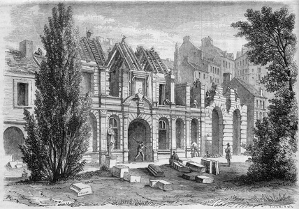 Transformations of Paris under the Second Empire, Paris Haussmann: demolition of the Orangerie du Luxembourg to extend rue Soufflot. Engraving in “” Le Monde Illustré”” n°276 of 26 July 1862.