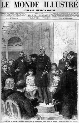 Ferdinand de Lesseps is surrounded by his family and travelling companions, recounting his trip to Panama in the Salle de la Sorbonne. Cover of the “Illustrous World” of 1880.