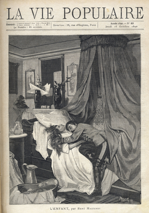 A desperate soldier hugged a woman's corpse lying in a bed, 1890 (engraving)