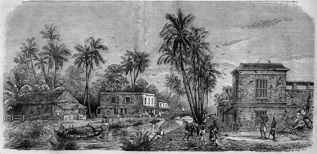 Pondichery (Pondicherry) (India), 1857: view of the canal separating Blanche (French colonial quarter) from Malabar. Engraving in “” Le Monde Illustré”” n°25 of October 3, 1857.