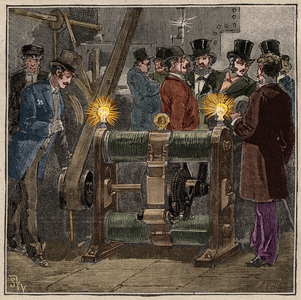 Dynamo electric machine of type Gram (Zenobe Theophile Gram) producing direct current, electric experience in the machinery room of the Conservatoire des arts et metiers de Paris (circa 1881). Engraving from 1885 in “” Les arts et metiers illustres”” by Adolphe BITARD.