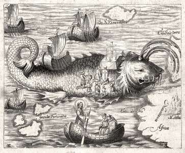 Episode of the Legend of Saint Brandan : a fantastic journey of the Irish abbe of the 6th century in search of earthly Paradise. Print from 1621.