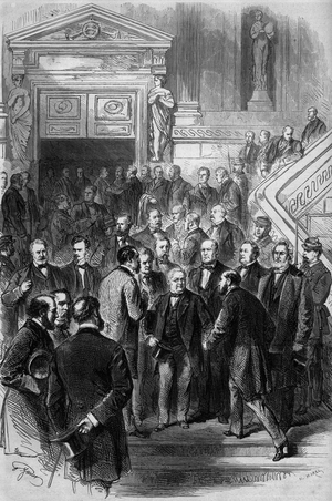 War of 1870: President of the Council Adolphe Thiers (1797-1877) received the congratulations of the deputes on his release from the National Assembly reunited in Bordeaux on 19 February 1871. He just got his government's investiture. Engraving in “” Le Monde Illustré”” n°725 of March 4, 1871.
