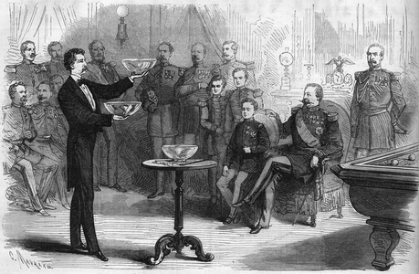 Magic show given by Mr. Faure Nicolay at the Chalons camp in the presence of Emperor Napoleon III (1808-1873) and his son Prince Imperial (1856-1879), 1869. Engraving in “” Le Monde Illustré”” n°639 of 10 July 1869.