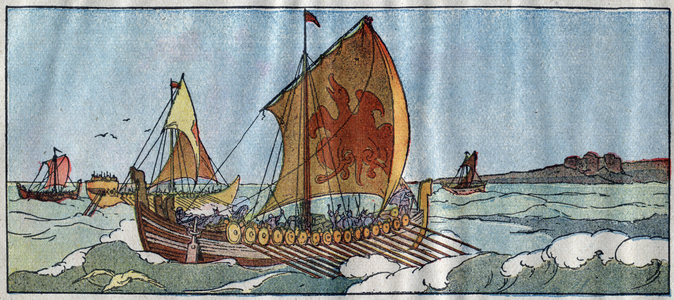 History of Gaul: Normans in a drakkar. In “” Histoire de France learned by image and direct observation. Pre-Course and First Year of the Course. ' GUESSING - TOURSEL. Illustrations by Ferdinand Raffin. 1923. DR