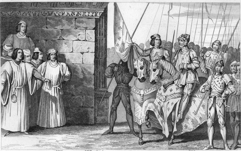 Joan of Arc arrives at Rheims in 1429 to wait the coronation of Charles VII, 1825 (engraving)