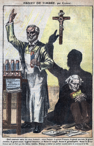 Opposition of the two French intellectuals: Louis Pasteur & Ernest Renan, 19th century (print)