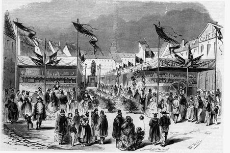 Christmas festival in Alsace: the Christmas Fair (of Little Jesus) in Strasbourg in 1857. Engraving in “” Le Monde Illustré”” n°38 of January 2, 1858.