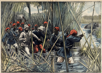 Mission Marchand to Fachoda : the French captain Baratier and his troops advancing through the marsh towards Fachoda. -  "Le Pelerin" November 6, 1898 (engraving)