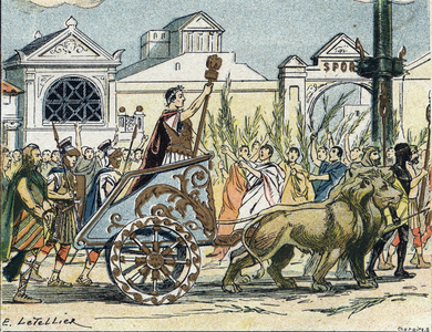 The triumphal cortege of Jules Cesar in 46BC, late 19th century (engraving)